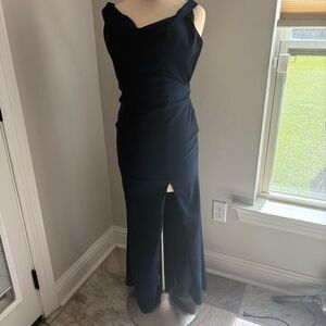 Dessy Collection Vivian Diamond navy blue long dress knee slit in size 4 GUC